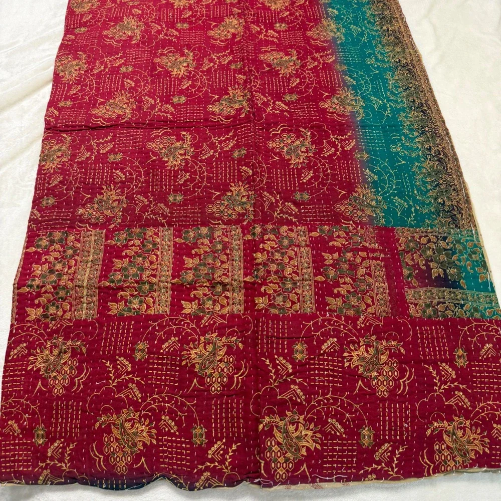 VTG New Kantha Quilt Throw Blanket Red Teal Floral Paisley Hand‎ Stitched 92x52